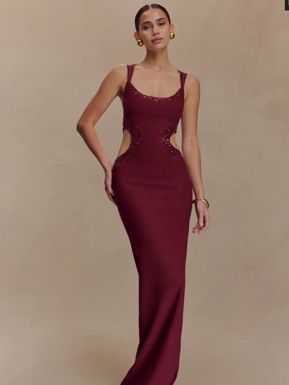 Meshki Angelique Beaded Crepe Maxi Dress - Wine - Size Small